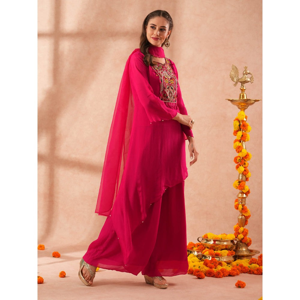 FASHOR Floral Embroidered Asymmetric Kurta with Palazzo and Dupatta - Pink (Set of 3)