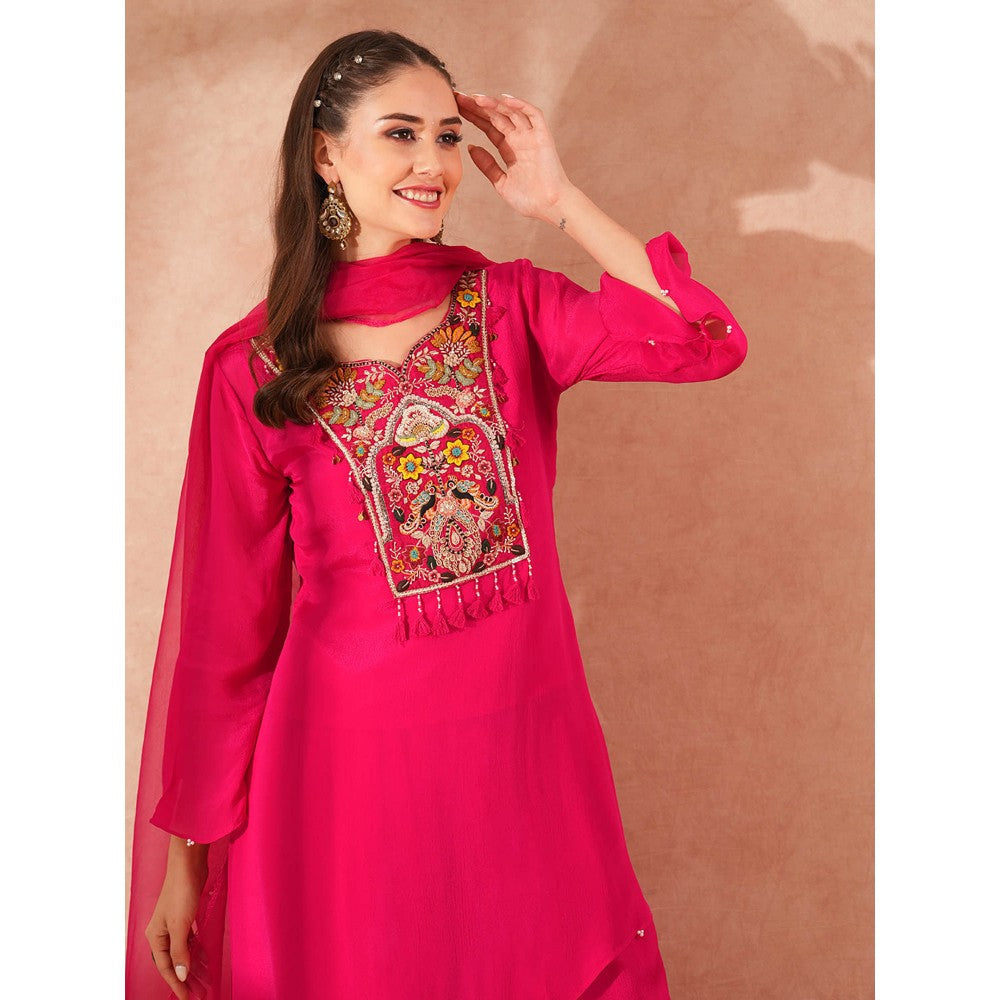 FASHOR Floral Embroidered Asymmetric Kurta with Palazzo and Dupatta - Pink (Set of 3)