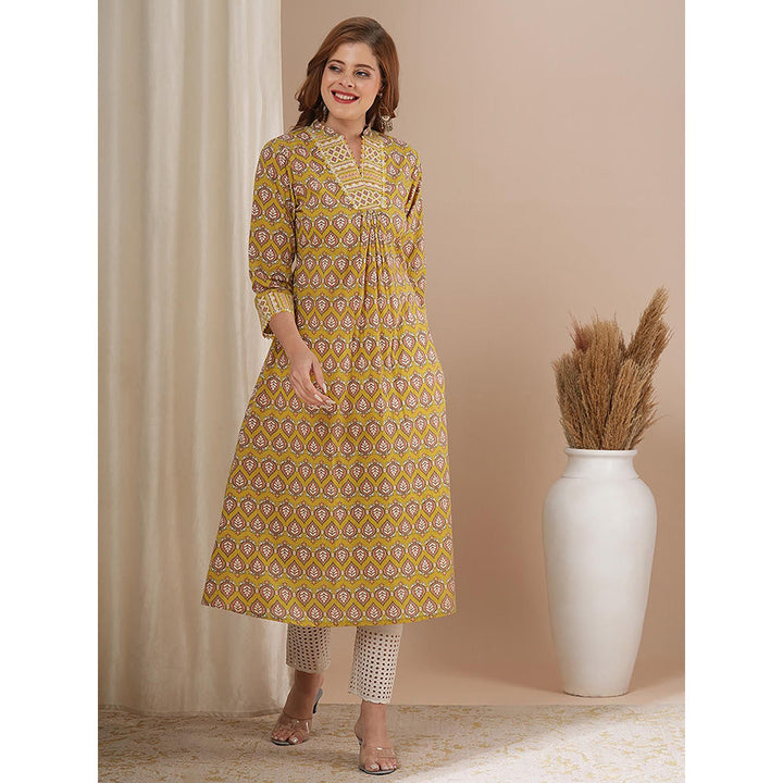 FASHOR Yellow Printed A-Line Flared Kurta