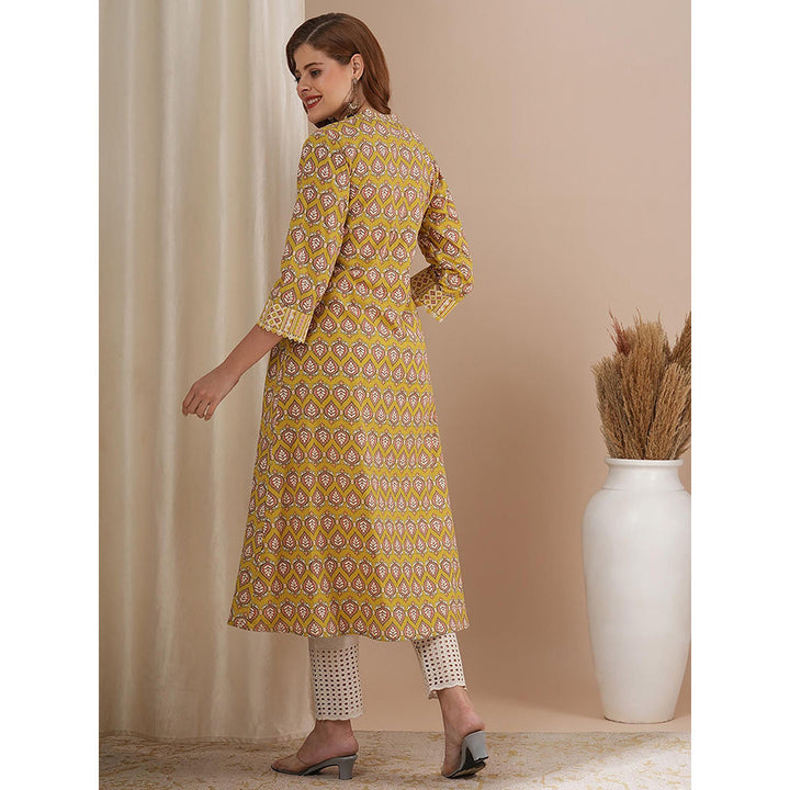 FASHOR Yellow Printed A-Line Flared Kurta