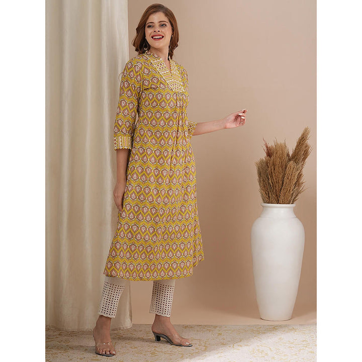 FASHOR Yellow Printed A-Line Flared Kurta