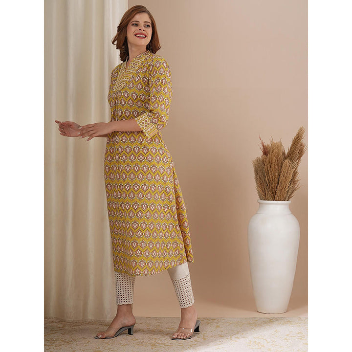 FASHOR Yellow Printed A-Line Flared Kurta