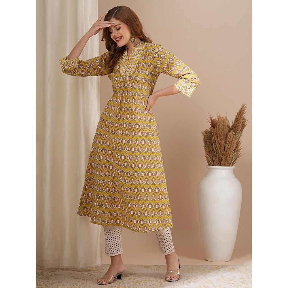 FASHOR Yellow Printed A-Line Flared Kurta