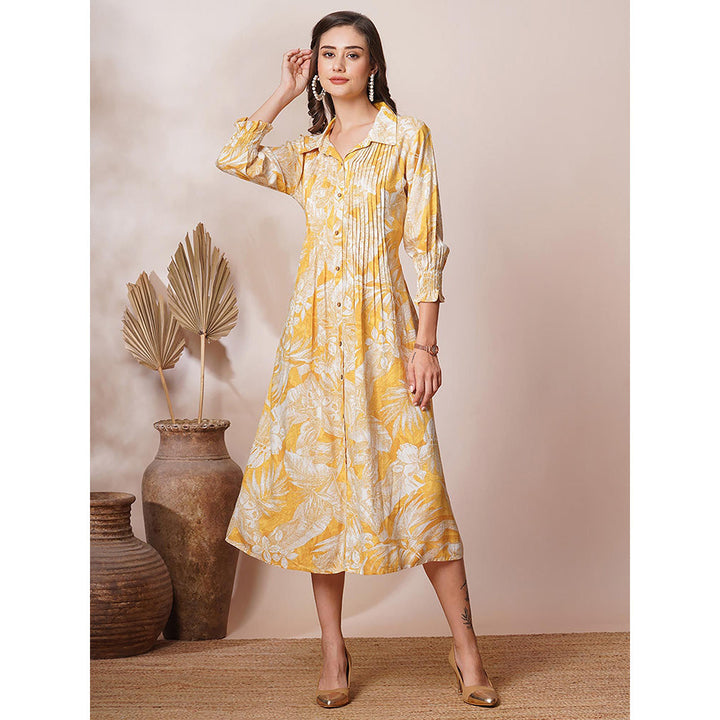 FASHOR Abstract Floral Printed A-Line Pleated Midi Dress - Yellow