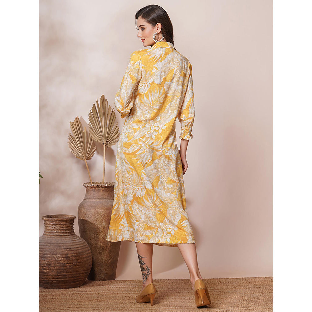 FASHOR Abstract Floral Printed A-Line Pleated Midi Dress - Yellow