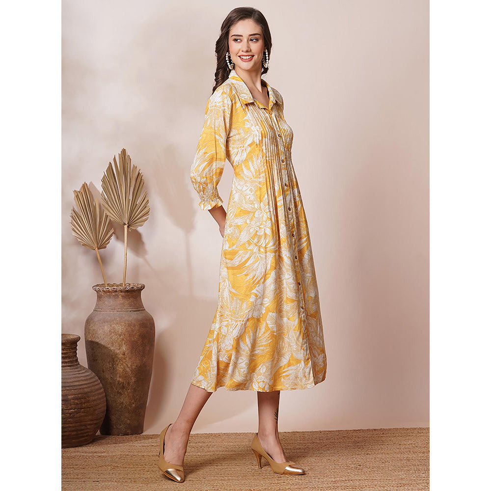 FASHOR Abstract Floral Printed A-Line Pleated Midi Dress - Yellow