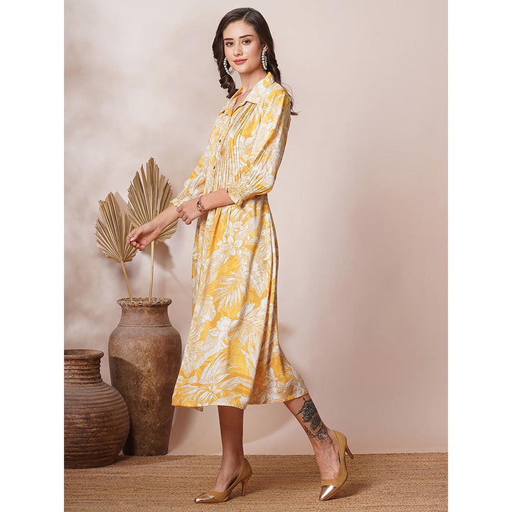 FASHOR Abstract Floral Printed A-Line Pleated Midi Dress - Yellow