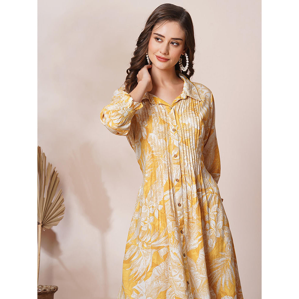 FASHOR Abstract Floral Printed A-Line Pleated Midi Dress - Yellow