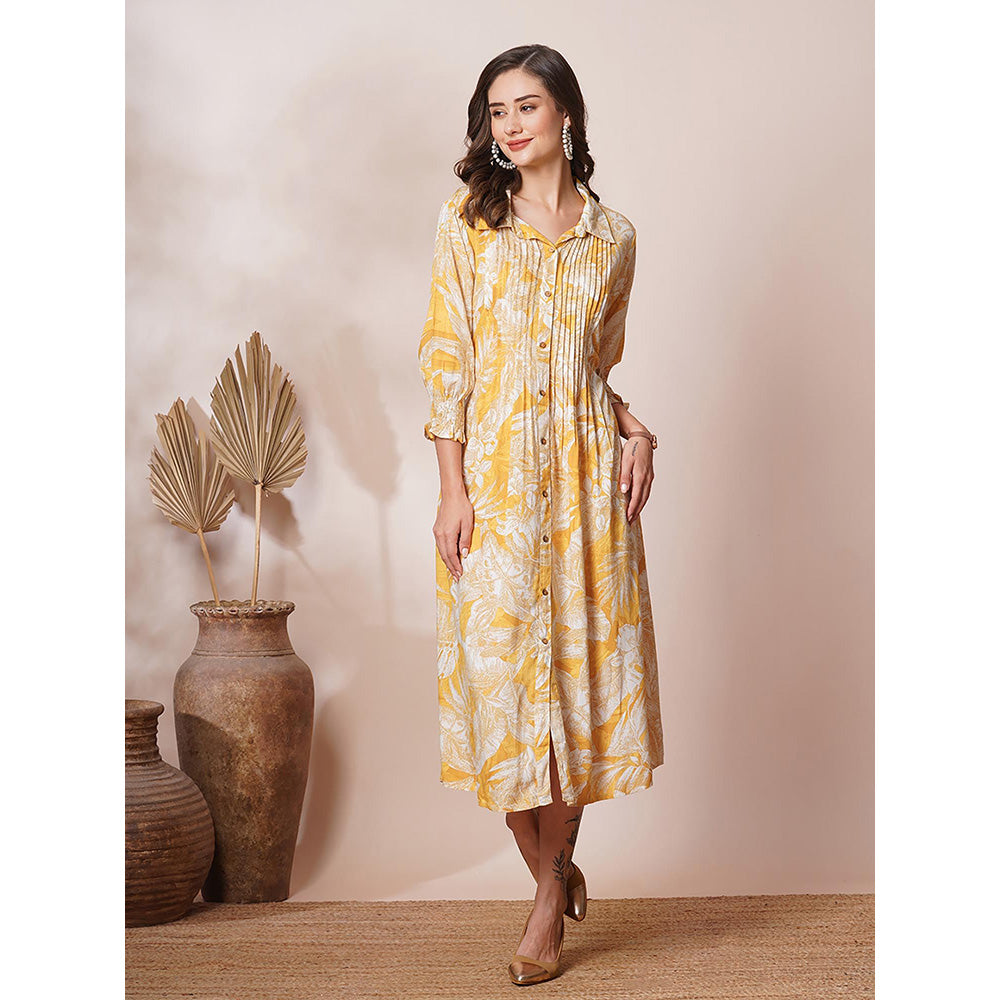 FASHOR Abstract Floral Printed A-Line Pleated Midi Dress - Yellow