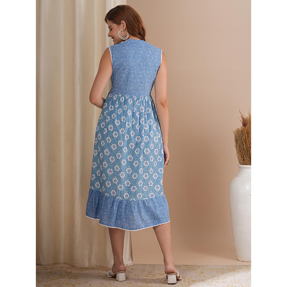 FASHOR Floral Printed and Codi Laced A-Line Pleated Midi Dress - Blue