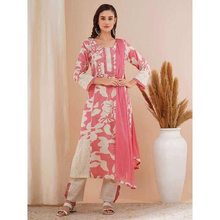 FASHOR Pink Floral Printed and Embroidered A-Line Kurta with Pant and Dupatta (Set of 3)