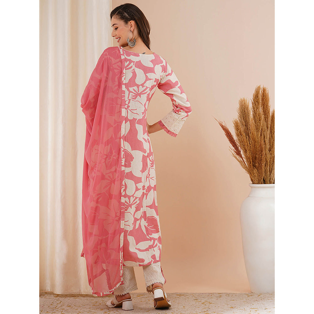 FASHOR Pink Floral Printed and Embroidered A-Line Kurta with Pant and Dupatta (Set of 3)