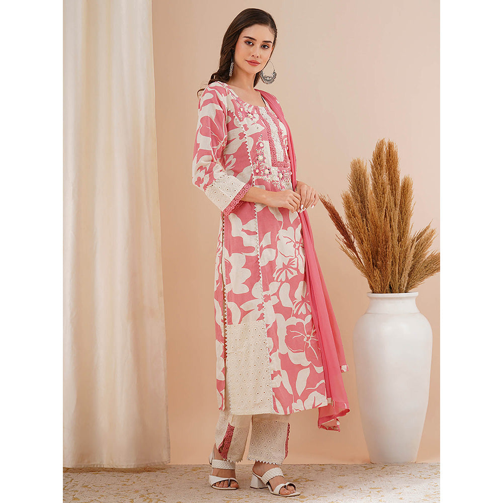 FASHOR Pink Floral Printed and Embroidered A-Line Kurta with Pant and Dupatta (Set of 3)