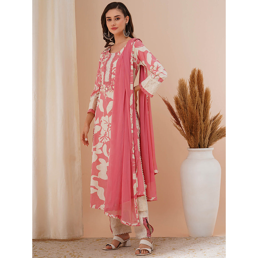 FASHOR Pink Floral Printed and Embroidered A-Line Kurta with Pant and Dupatta (Set of 3)