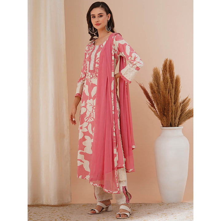 FASHOR Pink Floral Printed and Embroidered A-Line Kurta with Pant and Dupatta (Set of 3)