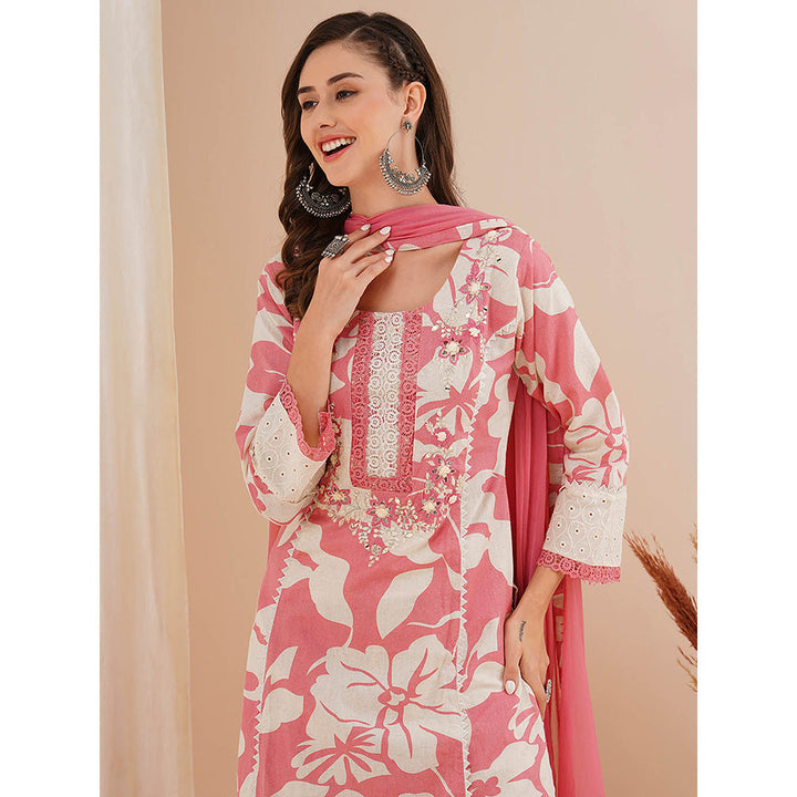 FASHOR Pink Floral Printed and Embroidered A-Line Kurta with Pant and Dupatta (Set of 3)