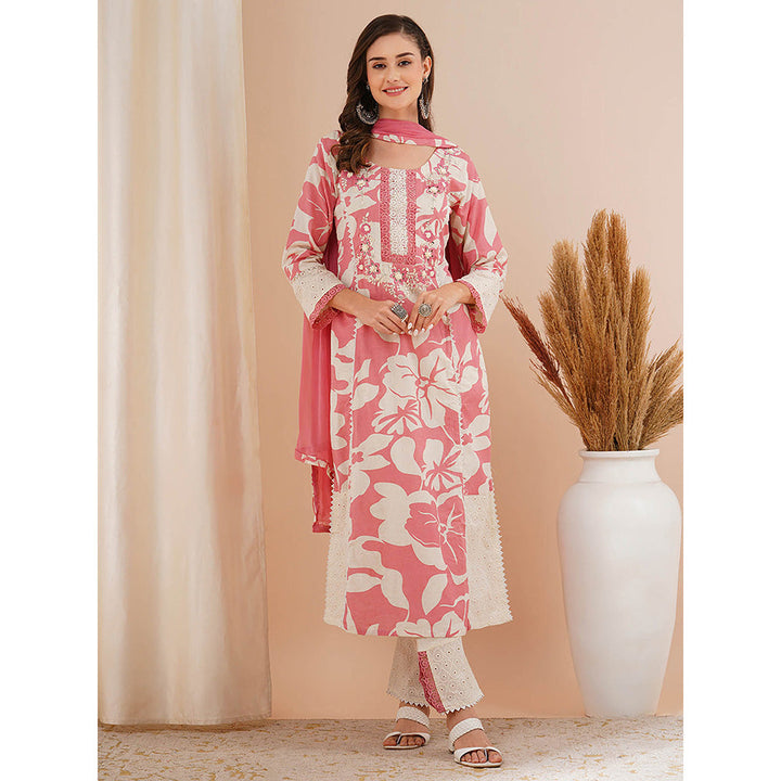 FASHOR Pink Floral Printed and Embroidered A-Line Kurta with Pant and Dupatta (Set of 3)