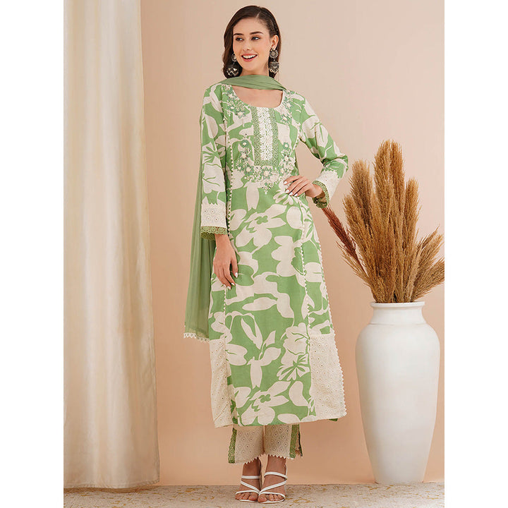 FASHOR Green Floral Printed and Embroidered Kurta with Pant and Dupatta (Set of 3)