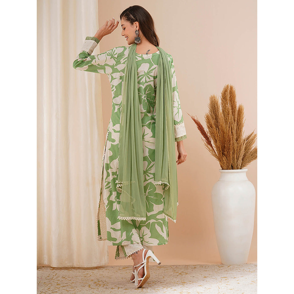 FASHOR Green Floral Printed and Embroidered Kurta with Pant and Dupatta (Set of 3)