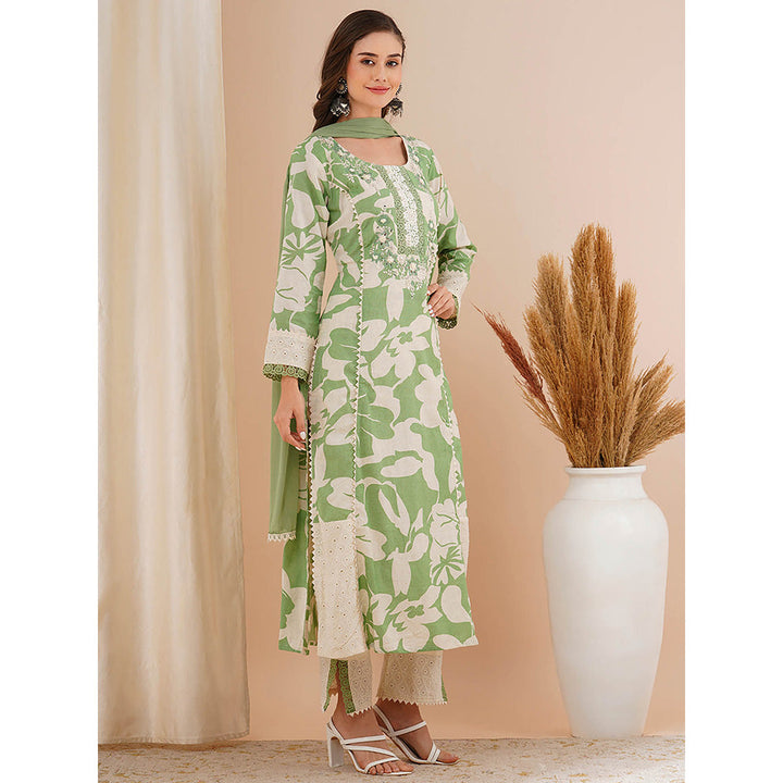 FASHOR Green Floral Printed and Embroidered Kurta with Pant and Dupatta (Set of 3)