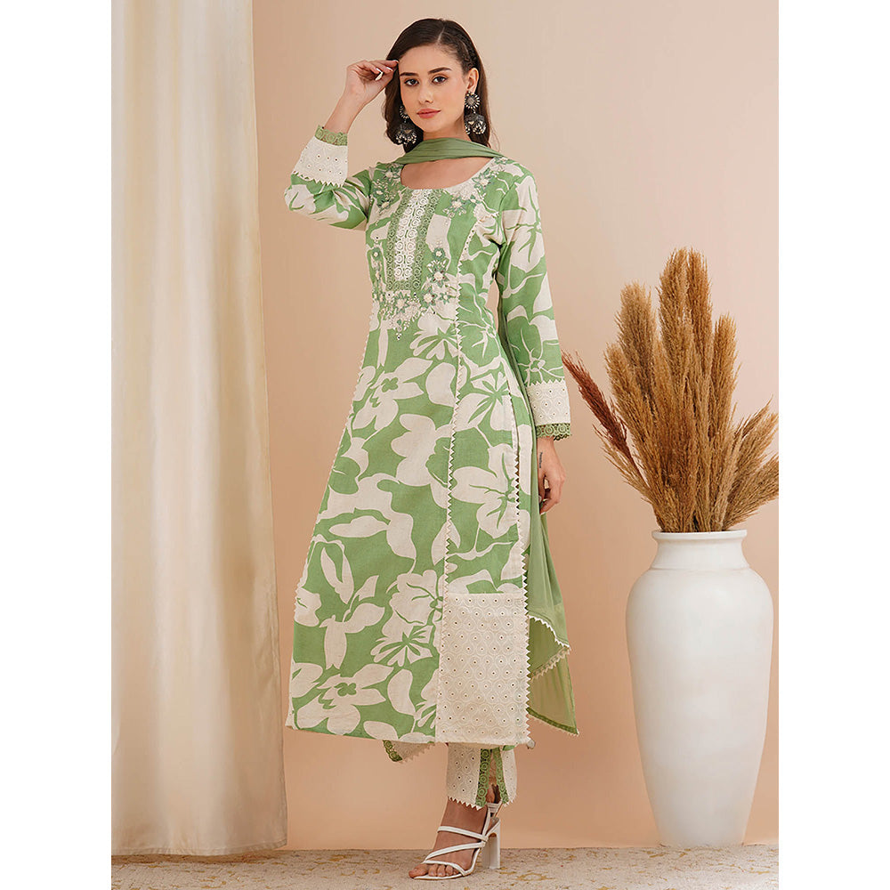 FASHOR Green Floral Printed and Embroidered Kurta with Pant and Dupatta (Set of 3)