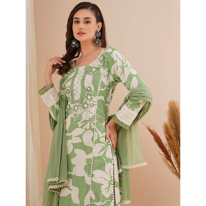 FASHOR Green Floral Printed and Embroidered Kurta with Pant and Dupatta (Set of 3)