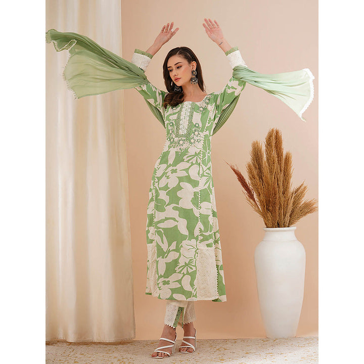 FASHOR Green Floral Printed and Embroidered Kurta with Pant and Dupatta (Set of 3)