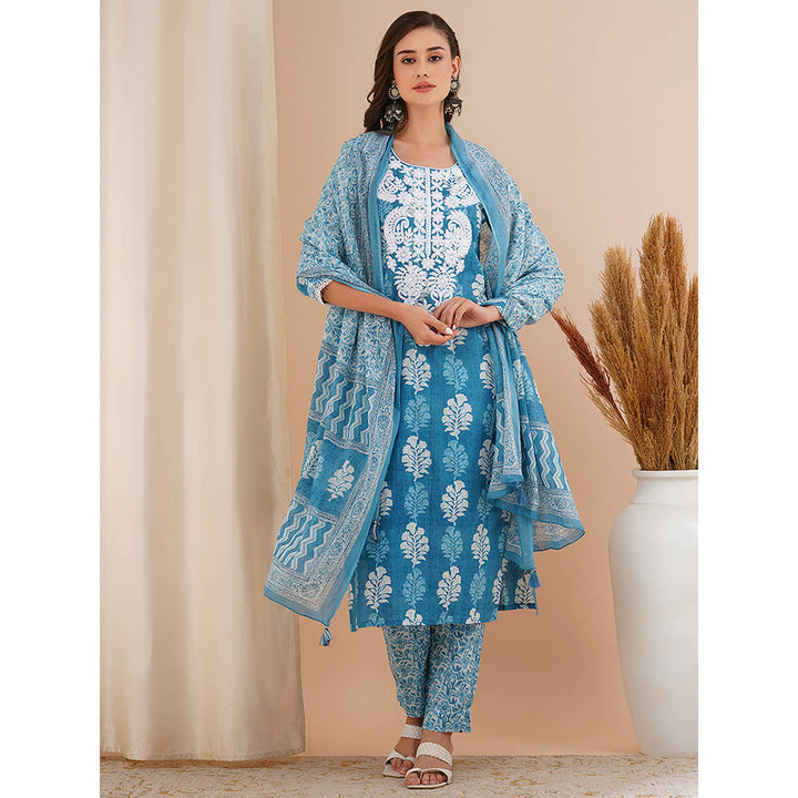 FASHOR Blue Printed and Embroidered Kurta with Pant and Dupatta (Set of 3)