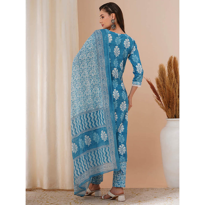 FASHOR Blue Printed and Embroidered Kurta with Pant and Dupatta (Set of 3)