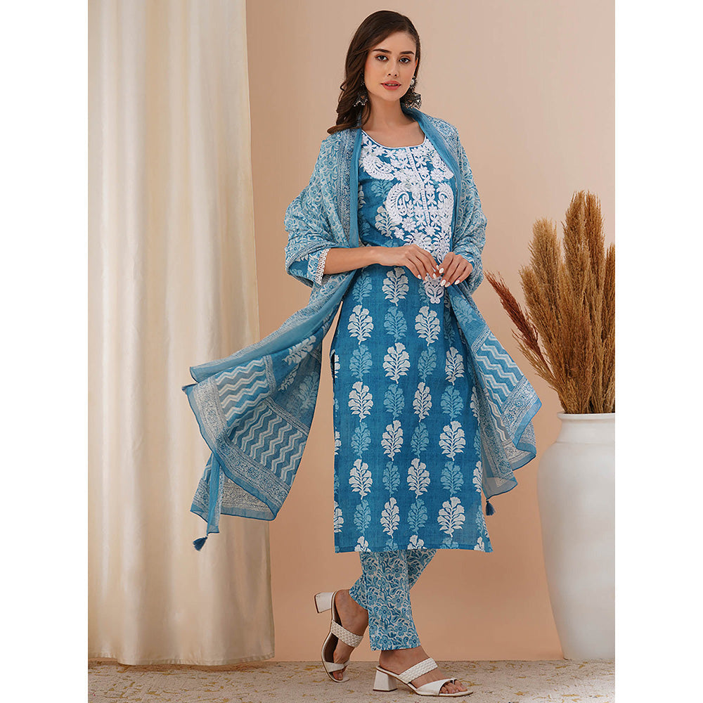 FASHOR Blue Printed and Embroidered Kurta with Pant and Dupatta (Set of 3)