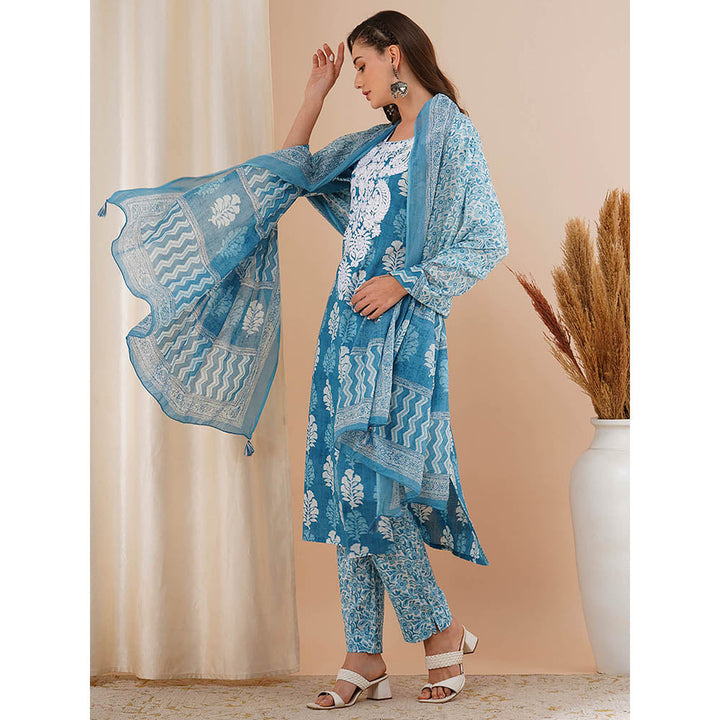 FASHOR Blue Printed and Embroidered Kurta with Pant and Dupatta (Set of 3)