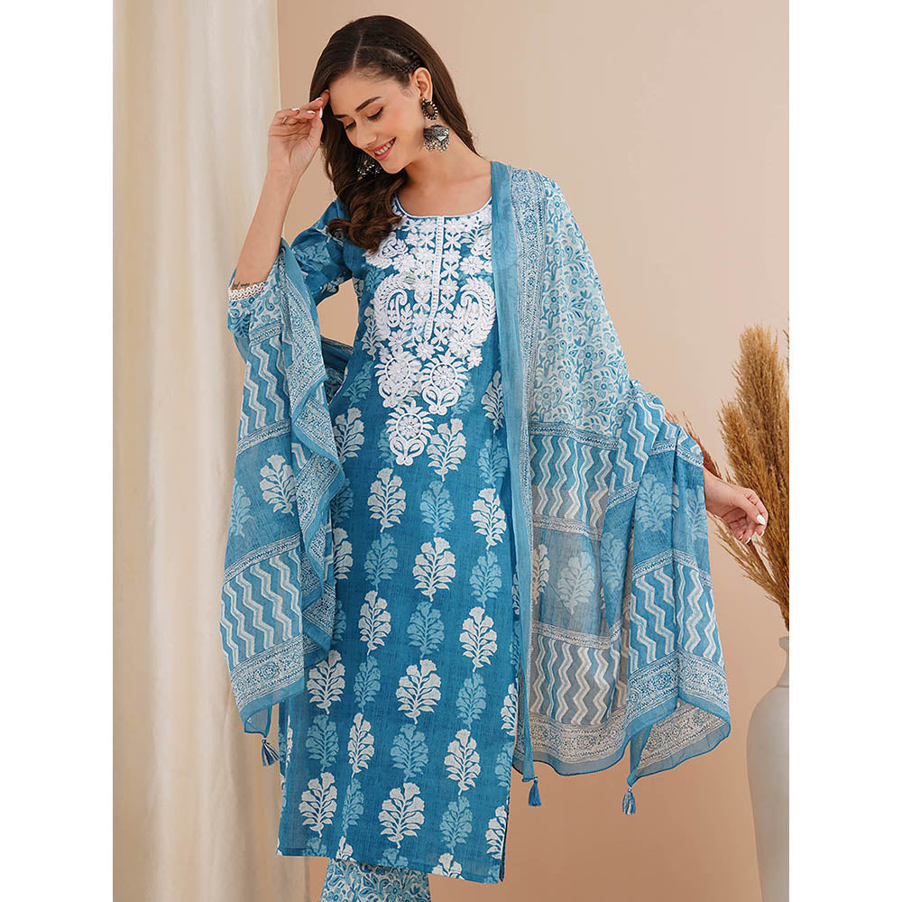 FASHOR Blue Printed and Embroidered Kurta with Pant and Dupatta (Set of 3)