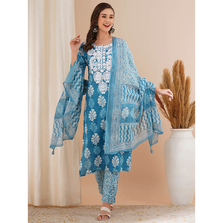 FASHOR Blue Printed and Embroidered Kurta with Pant and Dupatta (Set of 3)