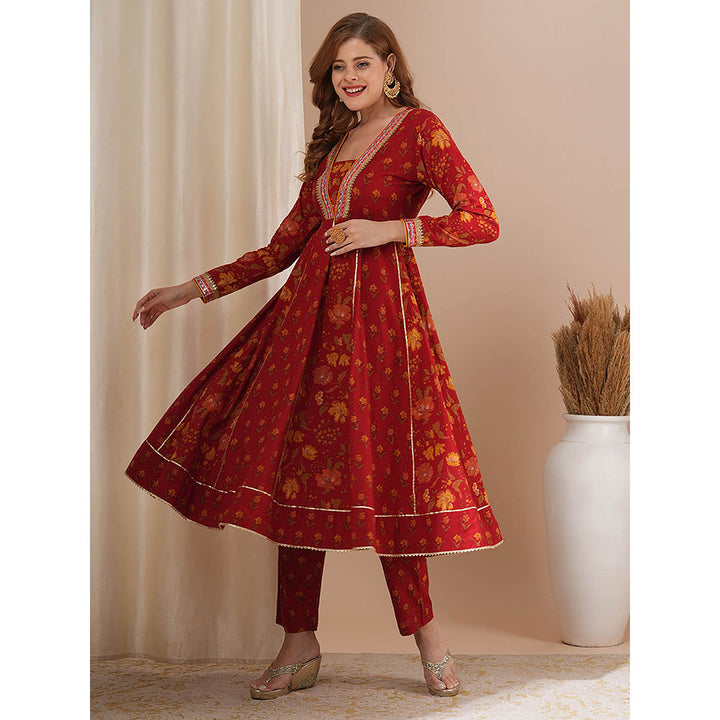 FASHOR Red Floral Printed and Embroidered Anarkali Kurta with Pant (Set of 2)