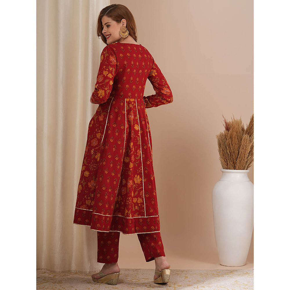 FASHOR Red Floral Printed and Embroidered Anarkali Kurta with Pant (Set of 2)