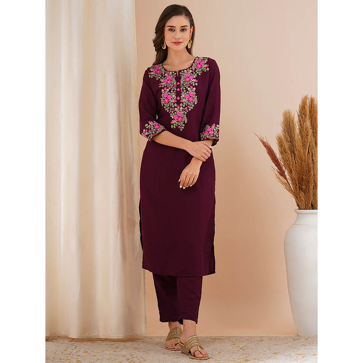 FASHOR Burgundy Floral Embroidered Straight Fit Kurta with Pant (Set of 2)