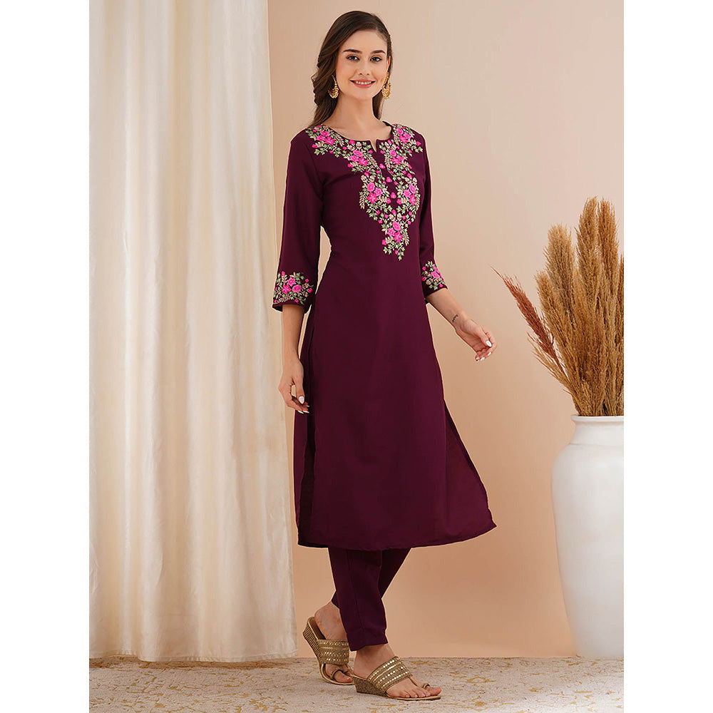 FASHOR Burgundy Floral Embroidered Straight Fit Kurta with Pant (Set of 2)