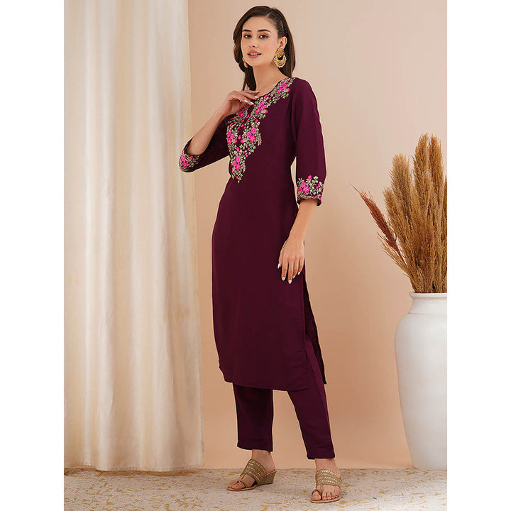 FASHOR Burgundy Floral Embroidered Straight Fit Kurta with Pant (Set of 2)