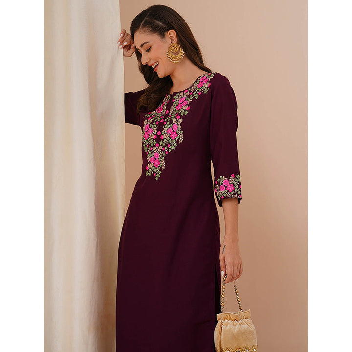 FASHOR Burgundy Floral Embroidered Straight Fit Kurta with Pant (Set of 2)