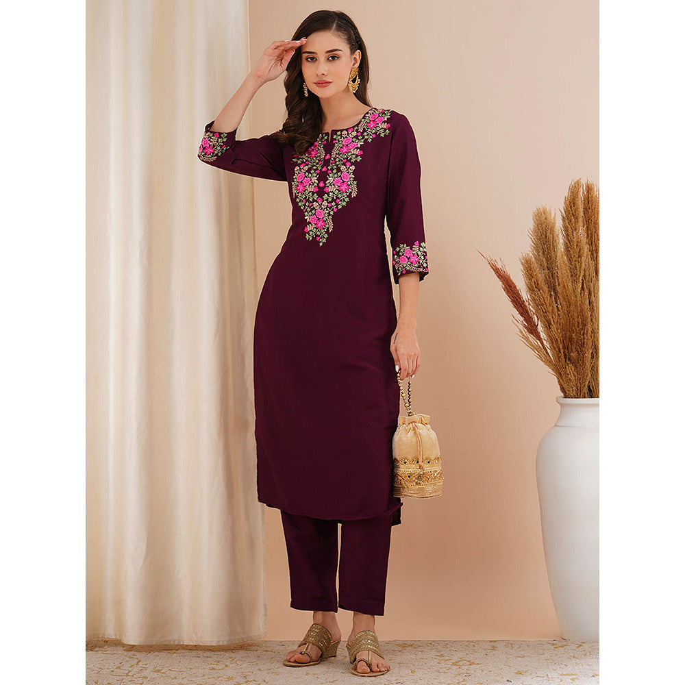 FASHOR Burgundy Floral Embroidered Straight Fit Kurta with Pant (Set of 2)