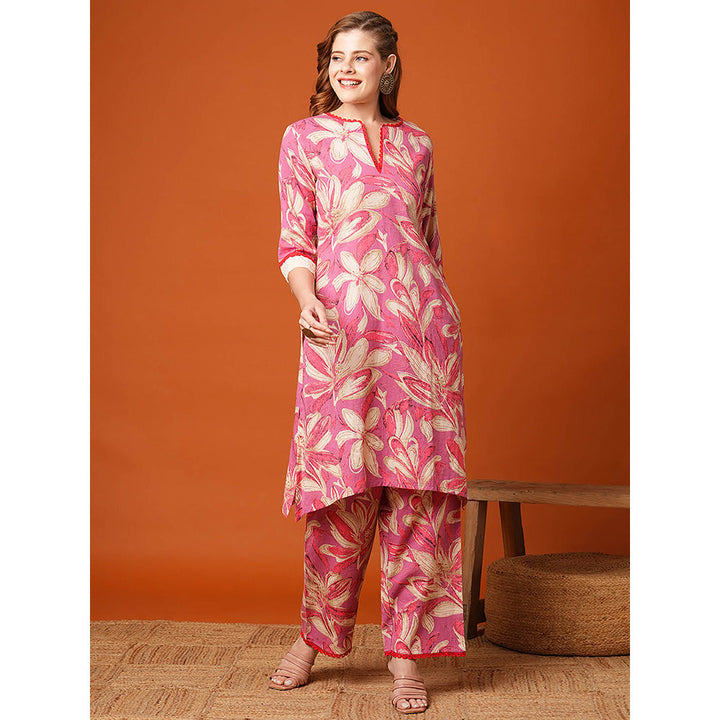 FASHOR Pink Floral Printed Straight Fit Kurta and Palazzo (Set of 2)