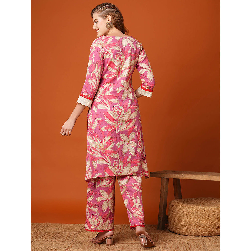 FASHOR Pink Floral Printed Straight Fit Kurta and Palazzo (Set of 2)