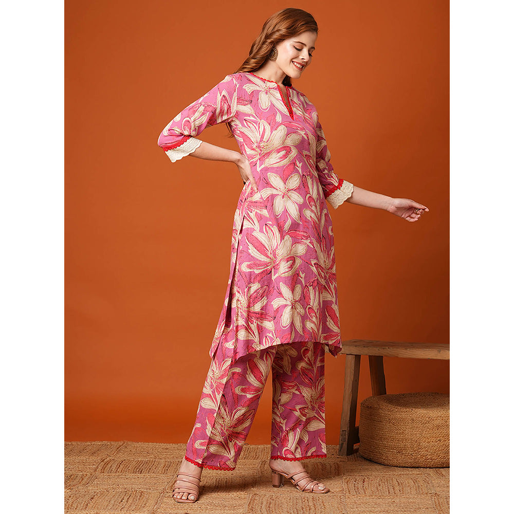 FASHOR Pink Floral Printed Straight Fit Kurta and Palazzo (Set of 2)