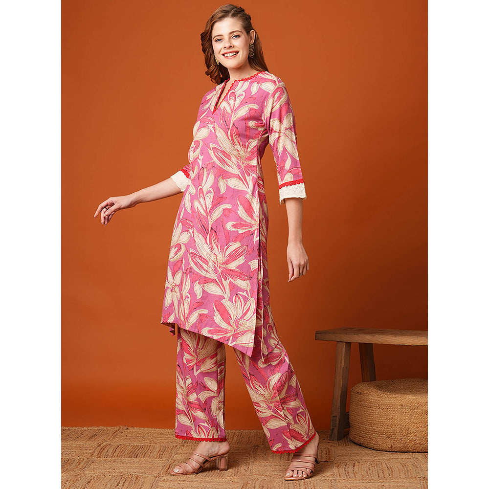 FASHOR Pink Floral Printed Straight Fit Kurta and Palazzo (Set of 2)