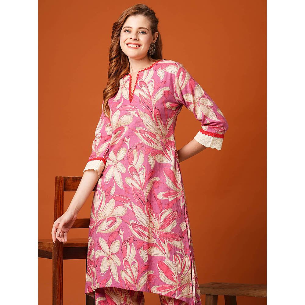 FASHOR Pink Floral Printed Straight Fit Kurta and Palazzo (Set of 2)