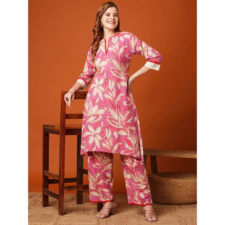 FASHOR Pink Floral Printed Straight Fit Kurta and Palazzo (Set of 2)