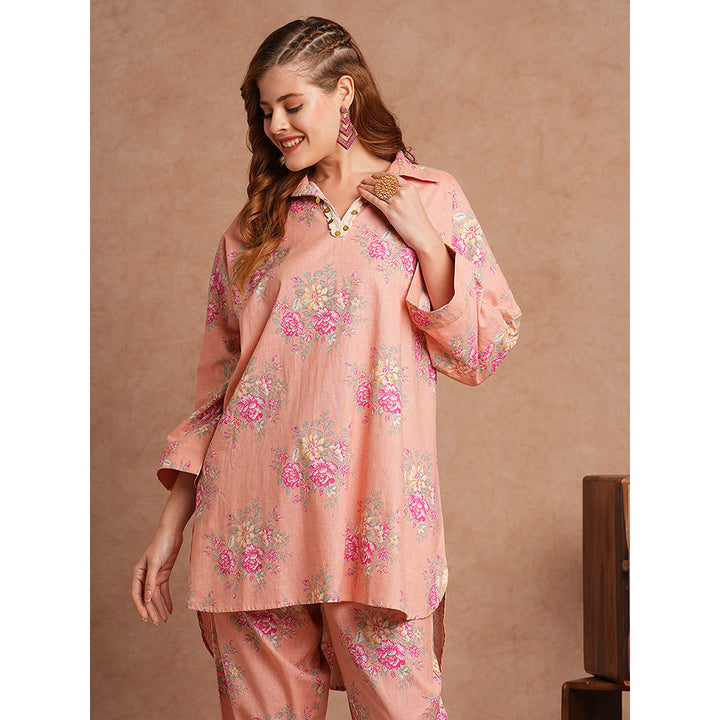 FASHOR Peach Floral Printed Co-Ord (Set of 2)