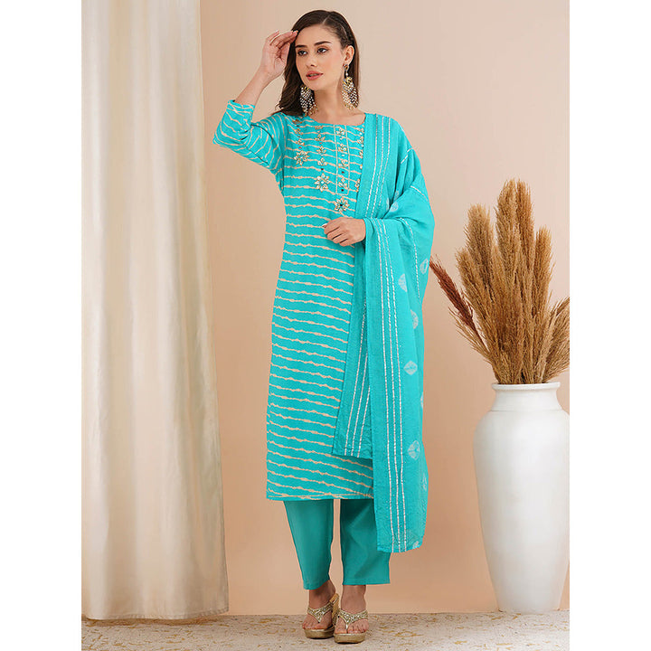 FASHOR Turquoise Blue Leheriya Printed Kurta with Pant and Dupatta (Set of 3)