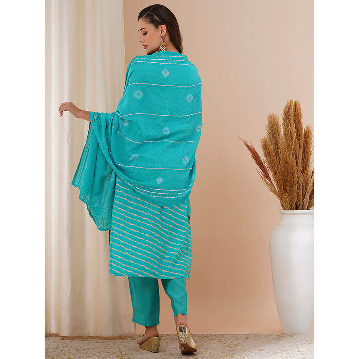 FASHOR Turquoise Blue Leheriya Printed Kurta with Pant and Dupatta (Set of 3)