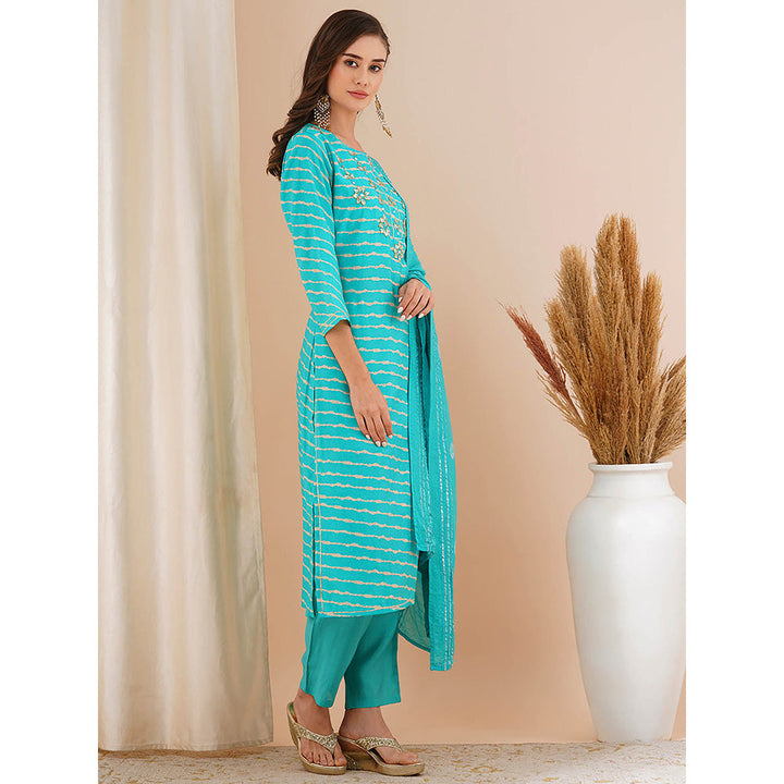 FASHOR Turquoise Blue Leheriya Printed Kurta with Pant and Dupatta (Set of 3)